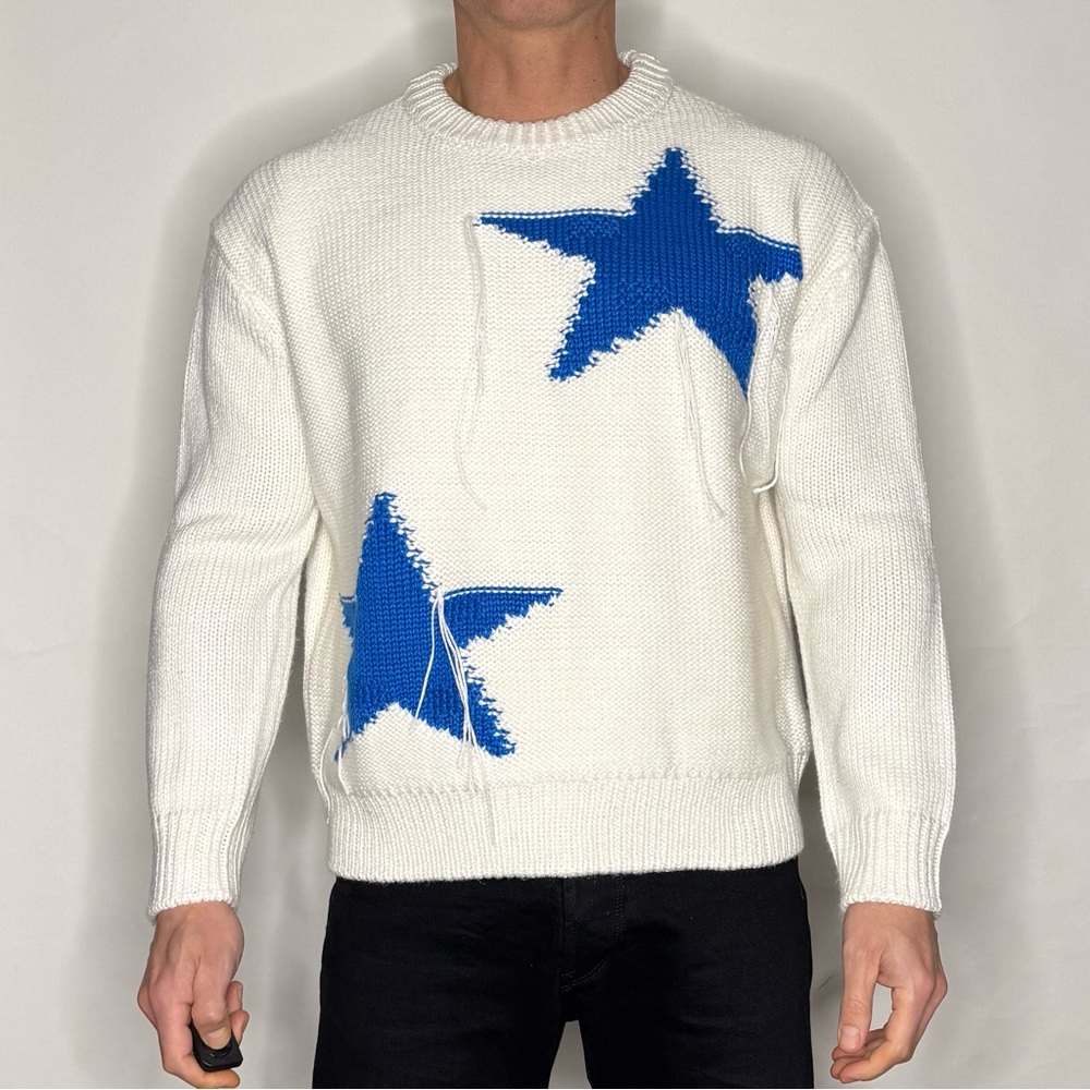 Zara Men’s White Sweater with Blue Star Design